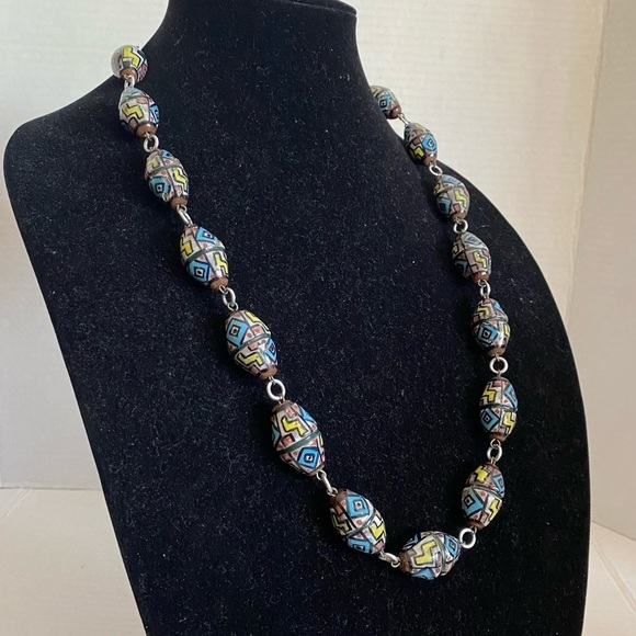 Vintage Hand Painted Glazed Clay Art Chunky Bead Necklace - Picture 2 of 16